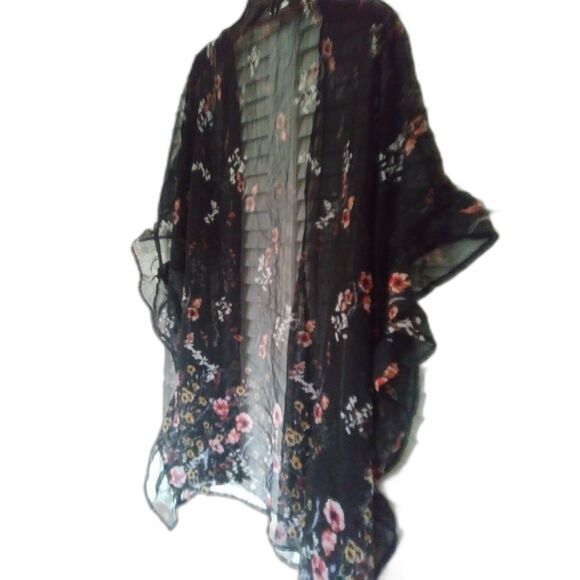 Open Front Floral Kimono Lightweight Flowy Oversized Trendy Black Top Blouse L - Picture 11 of 16